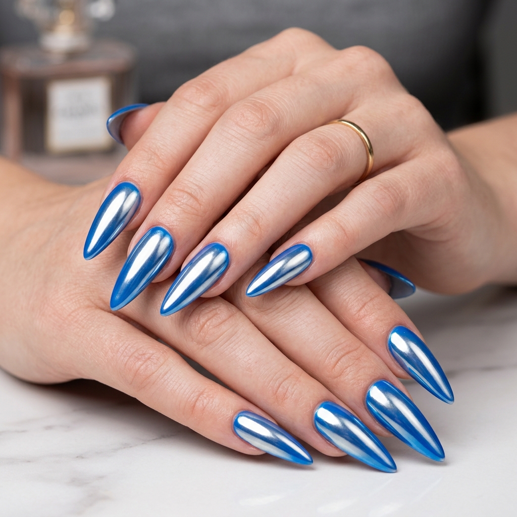 Electric blue chrome stiletto nails for stiletto summer nails 2026. Futuristic party and night out style.