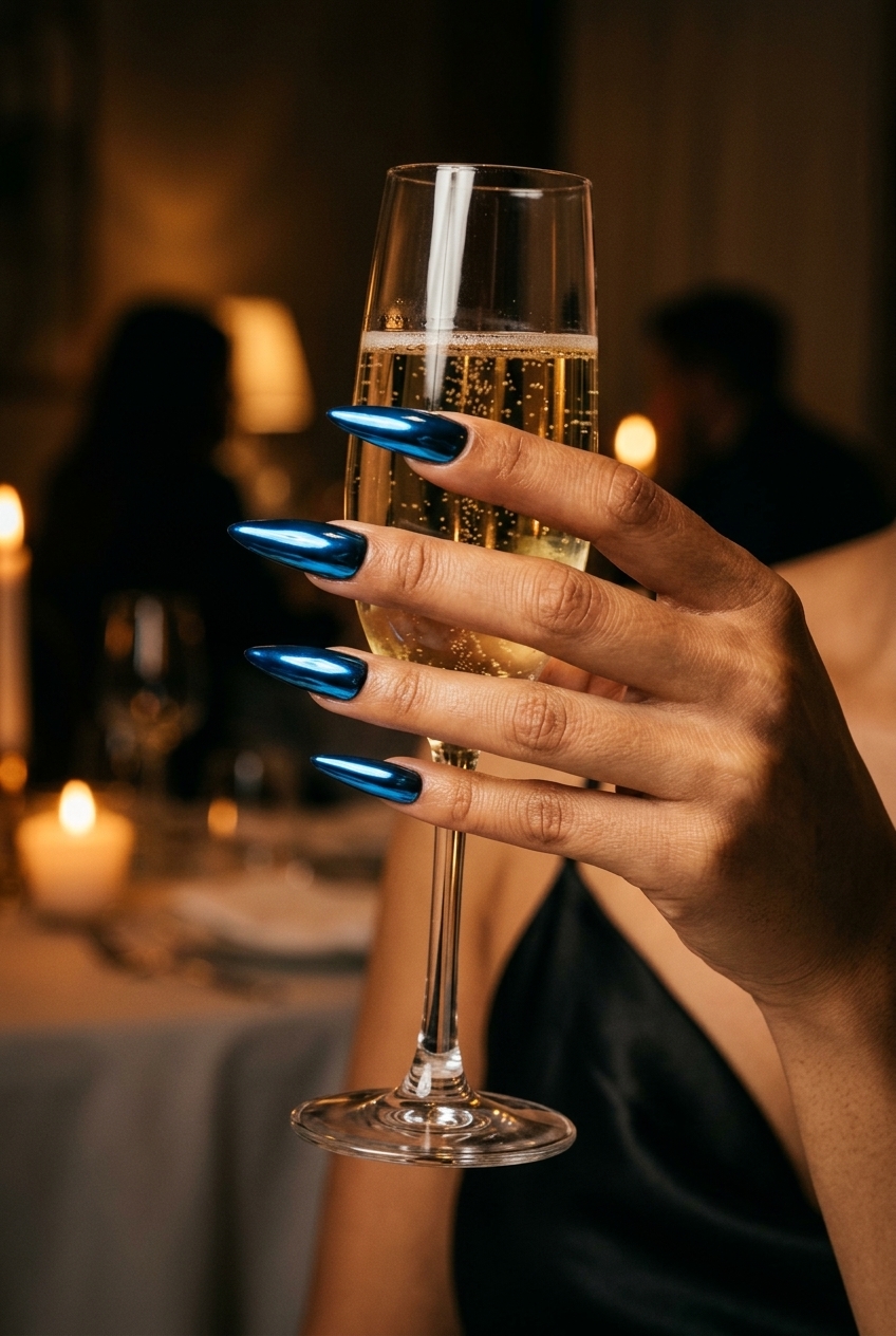 Electric Blue Full Chrome Stilettos for parties, summer events, and clubbing. Glamorous and bold.