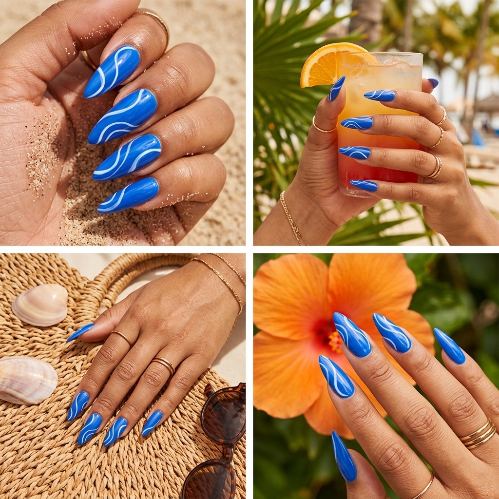 Electric blue swirl stiletto summer nails 2026 with abstract white art. Perfect for festivals and night outs.