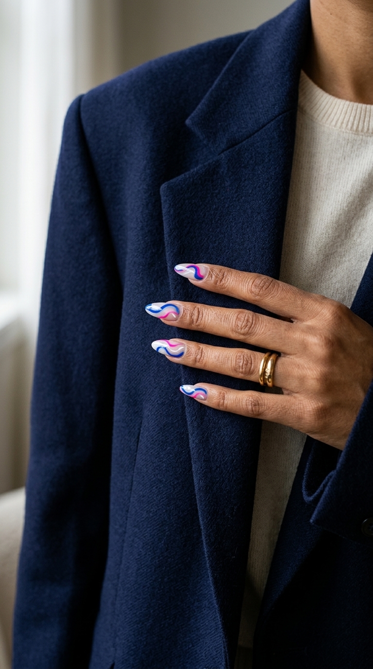 Electric swirl stiletto nails in blue and pink for stiletto summer nails 2026. Artistic festival and concert style.