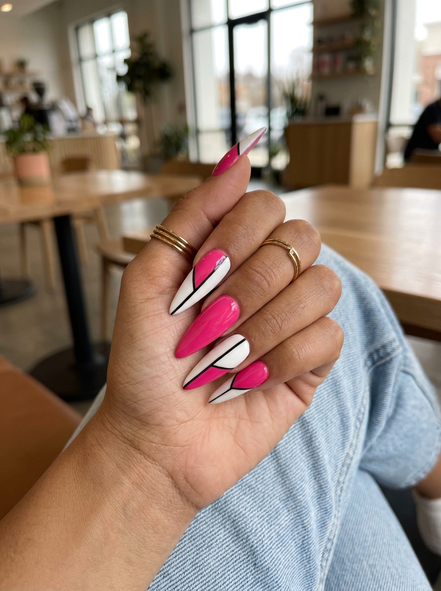 Hot pink color block stiletto summer nails 2026 with white and black accents. Edgy for parties and summer events.