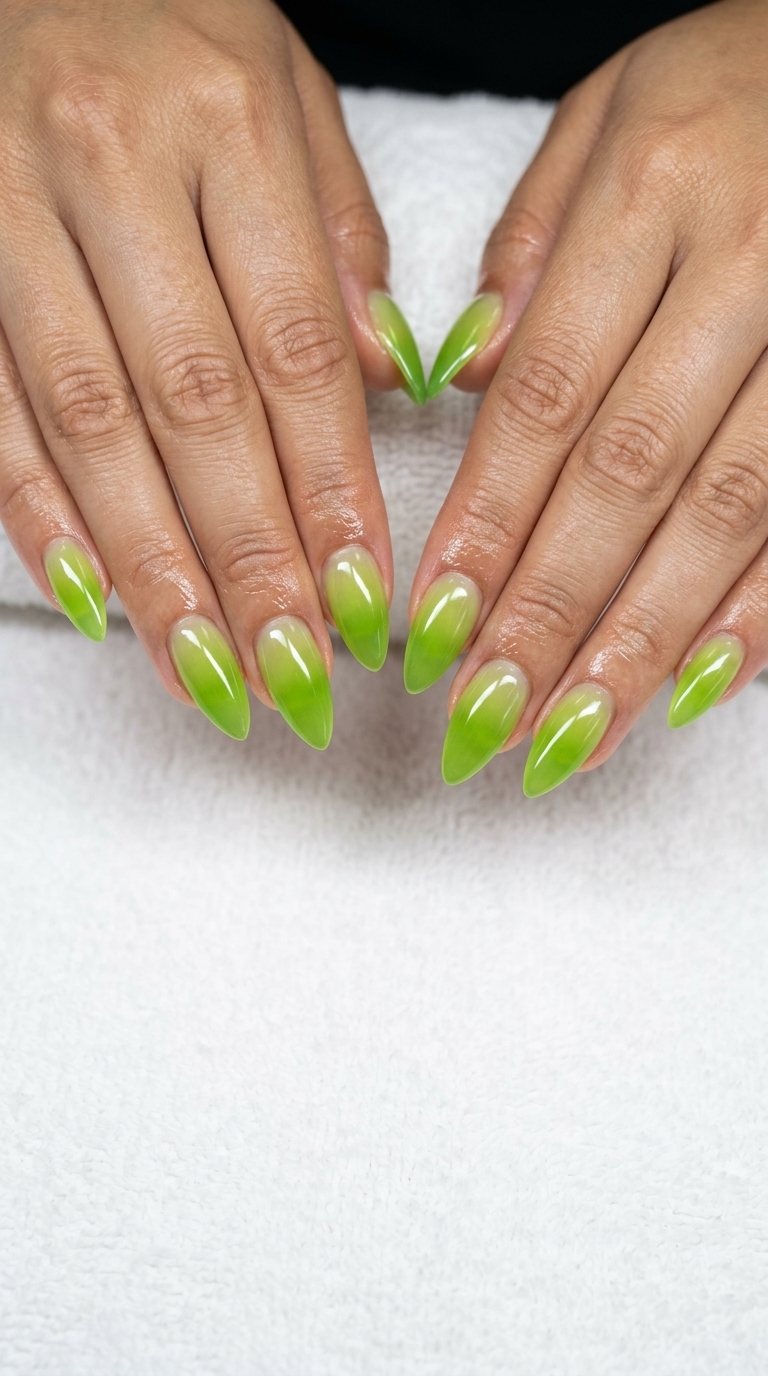 Jelly lime ombre stiletto nails for stiletto summer nails 2026. Playful and edgy festival fashion.