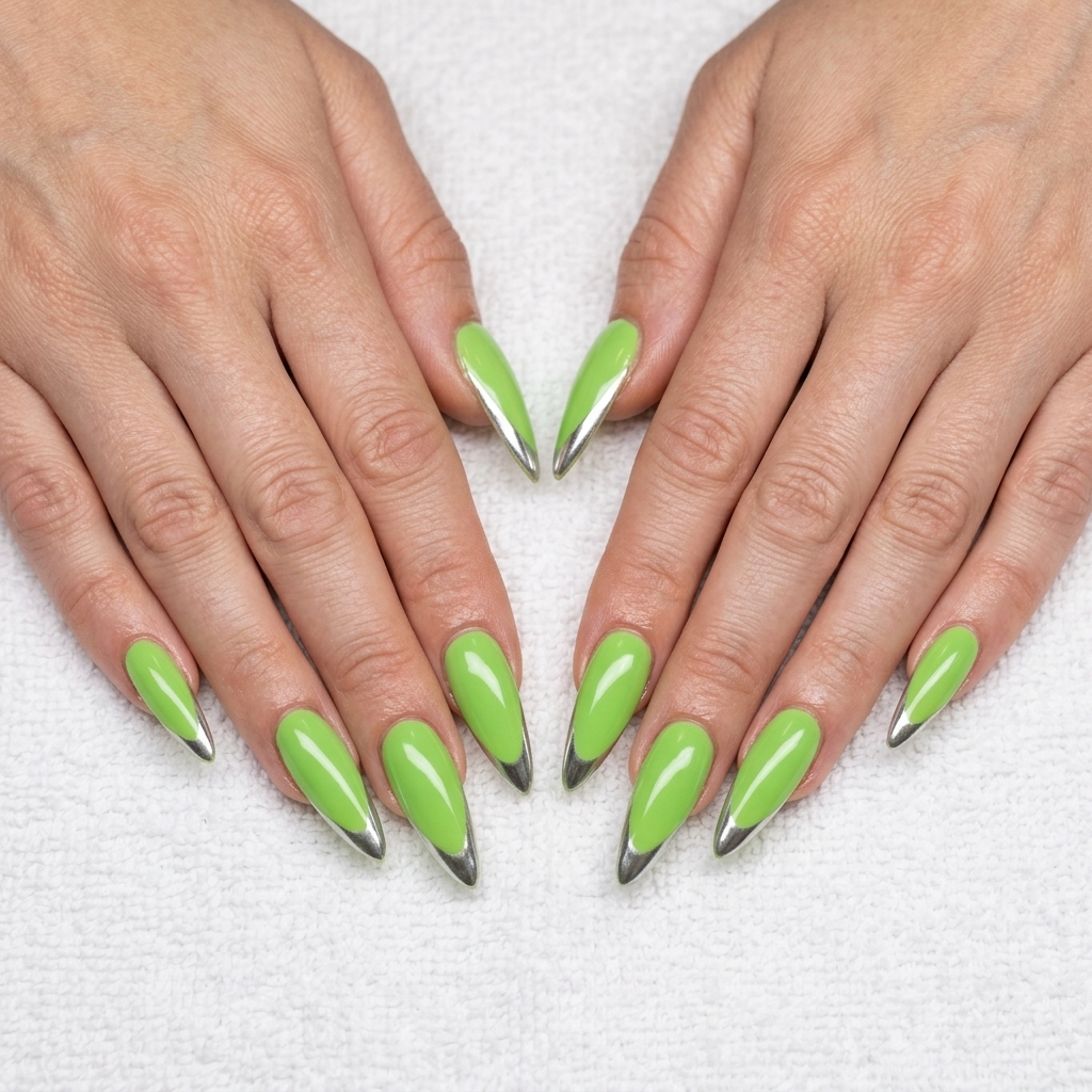 Lime Green Chrome Tip Stilettos for summer vacation, festivals, and parties. Edgy, futuristic, and playful.