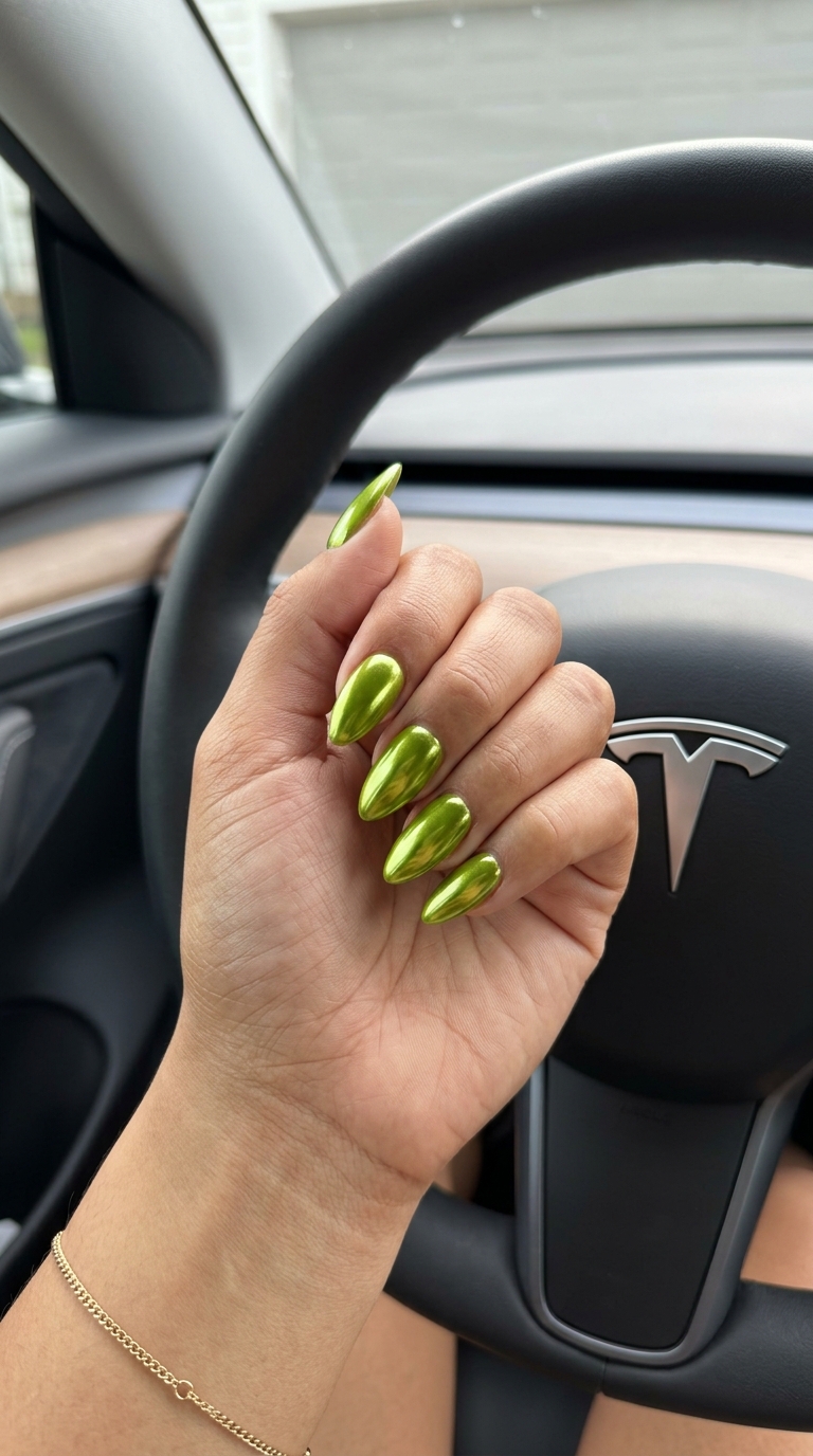Vibrant lime green metallic stiletto nails for stiletto summer nails 2026. Edgy festival and vacation style.