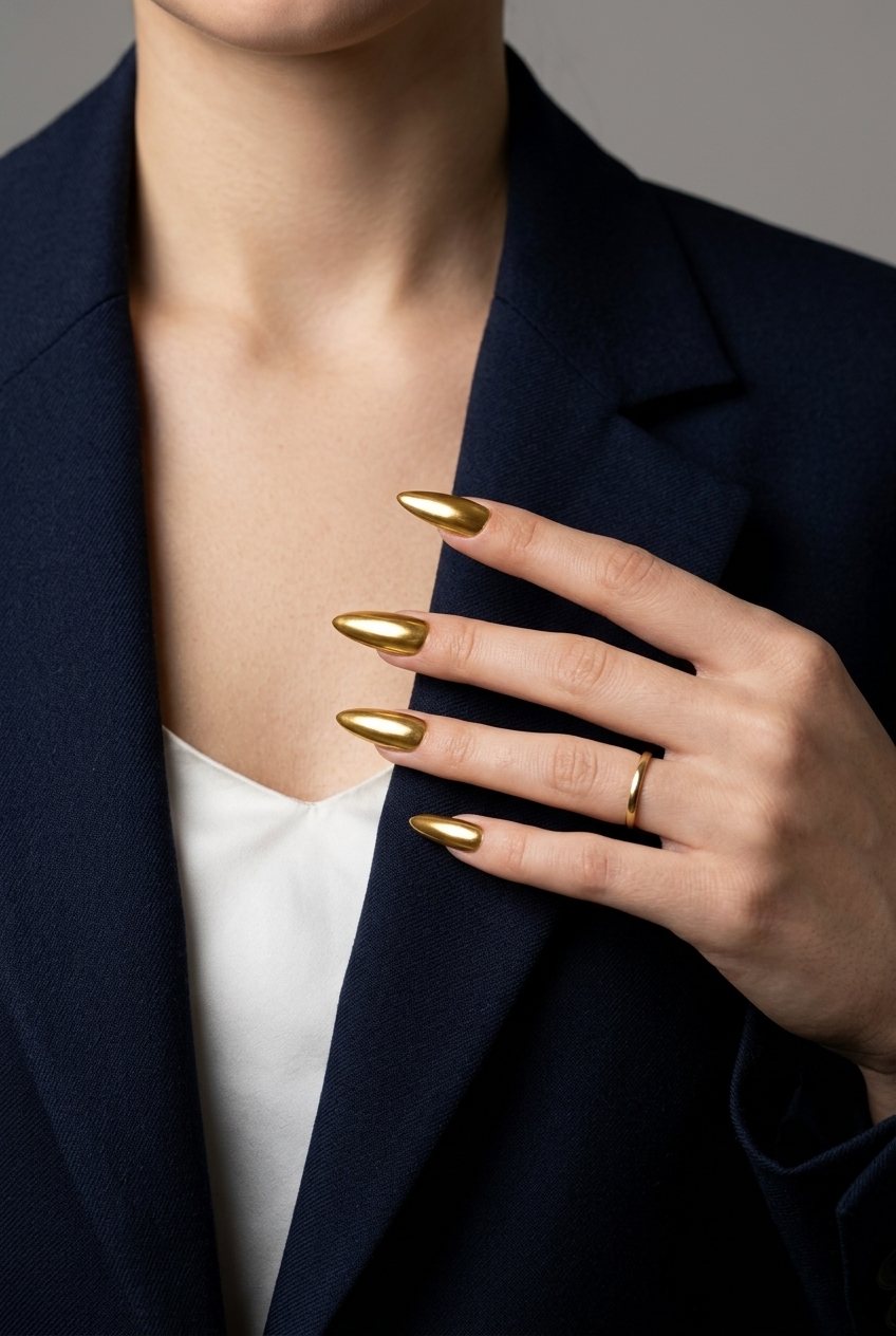 Metallic gold stiletto summer nails 2026. Glamorous and luxurious for formal events and summer parties.
