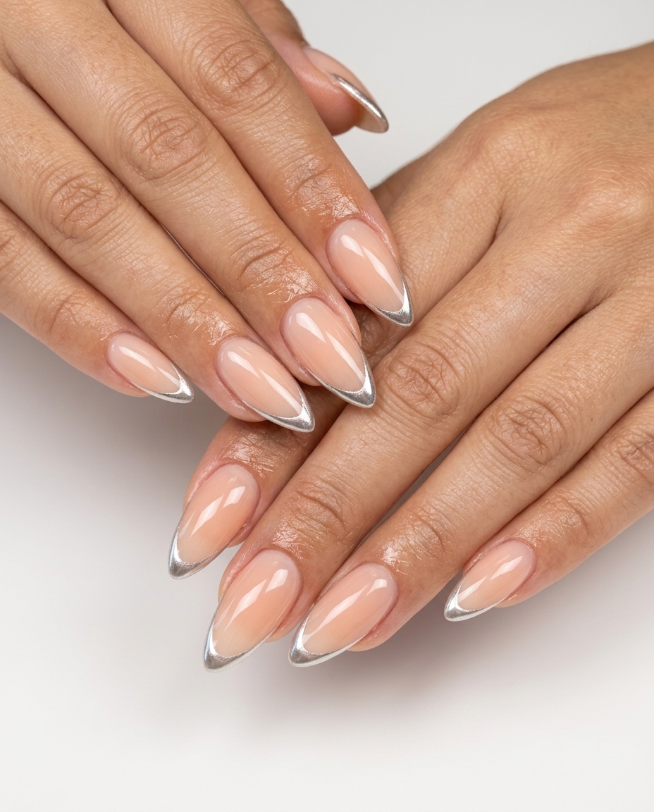 Subtle Chrome Peach Stilettos with Silver Chrome Tip for weddings, daily wear, and bridal showers. Sophisticated.