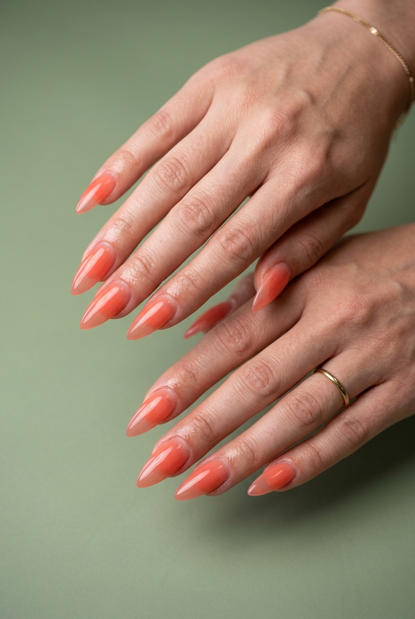 Sheer coral glass stiletto summer nails 2026. Fresh and clean for daily wear, vacation, or summer outings.