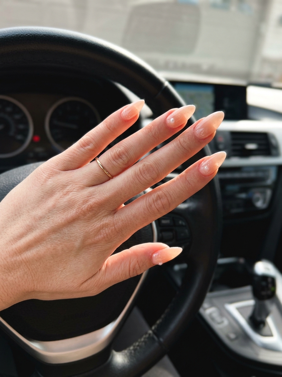 Sheer peach milk bath stiletto nails with pearls for stiletto summer nails 2026. Ethereal wedding guest style.