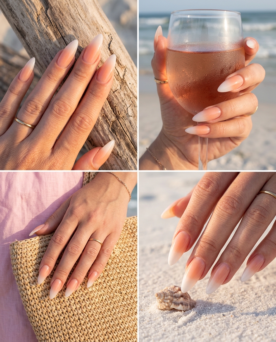 Sheer peach ombre stiletto summer nails 2026. Romantic and soft for weddings and everyday elegance.