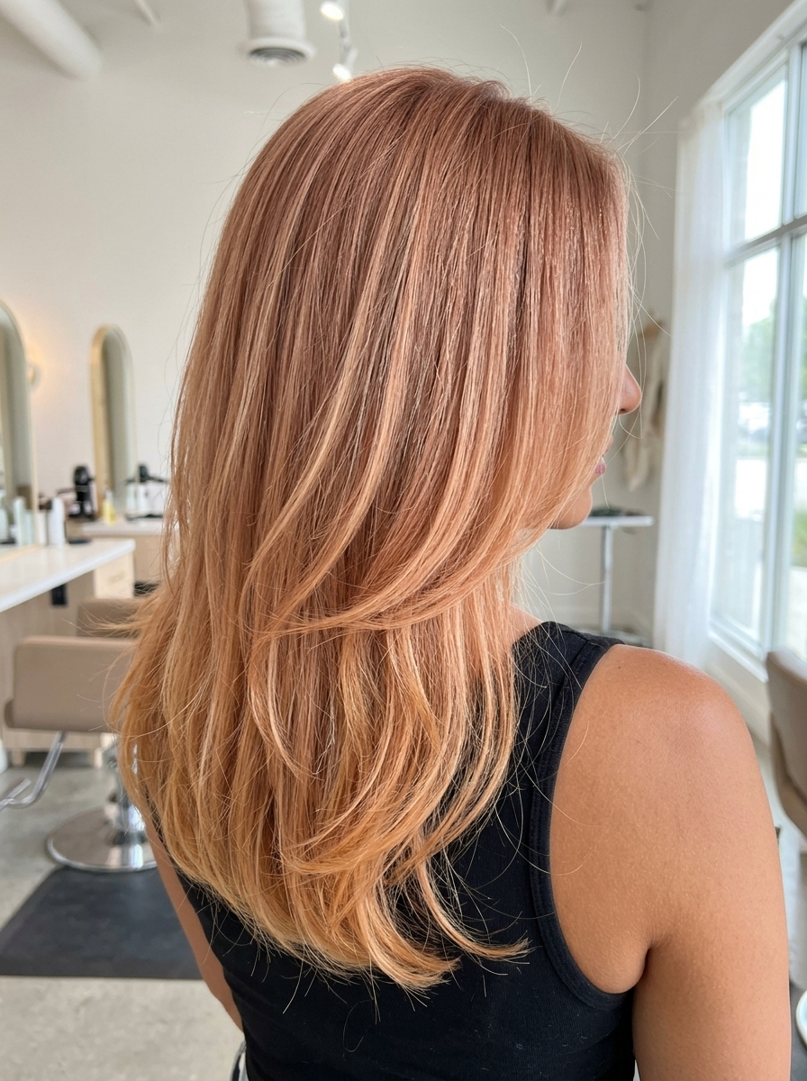long layered ombre with strawberry blonde, subtle balayage, face-framing pieces — romantic casual style