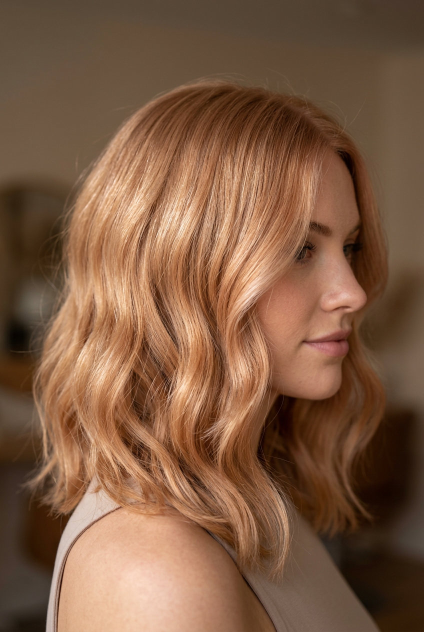 Strawberry Wave Lob Haircut 2026 medium layered lob haircut with strawberry blonde, soft copper, and golden peach for beach vacations