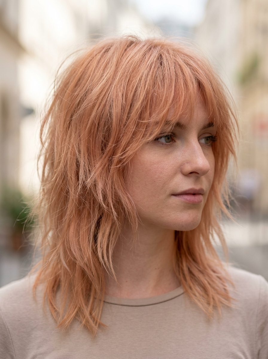 medium shag haircut in strawberry blonde peach rose gold with textured fringe