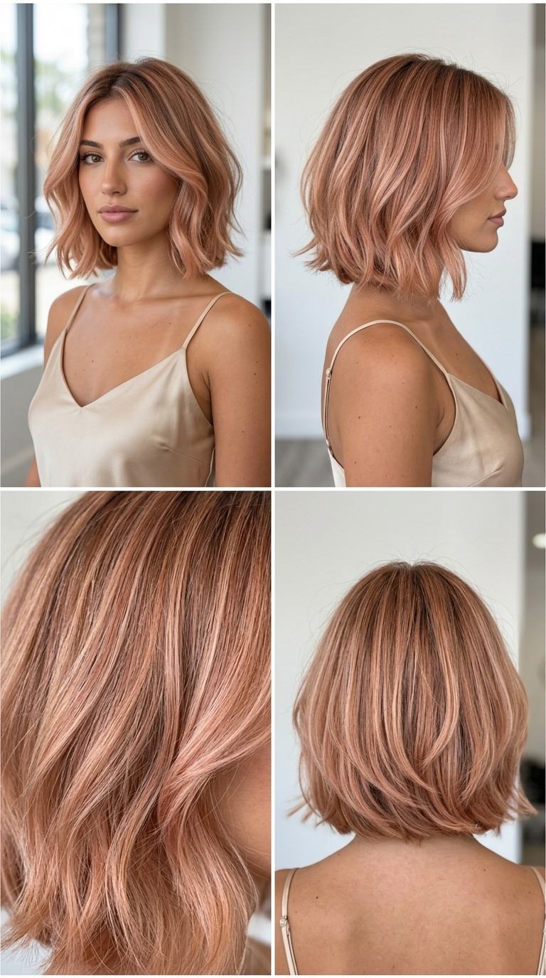 Strawberry Blonde Textured Bob 2026 short textured bob haircut with strawberry blonde rose gold babylights for summer