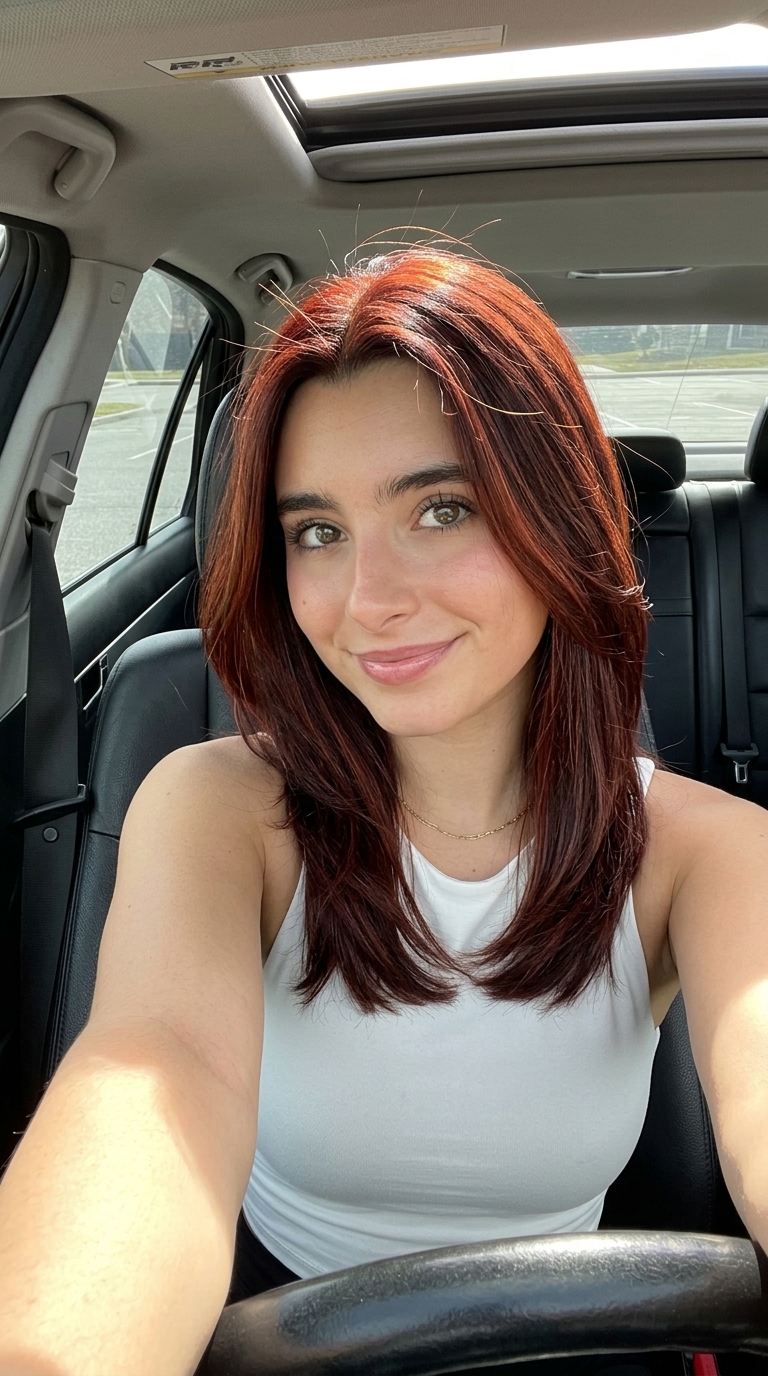 long auburn hair color with subtle red highlights, micro-foil dimension for formal event