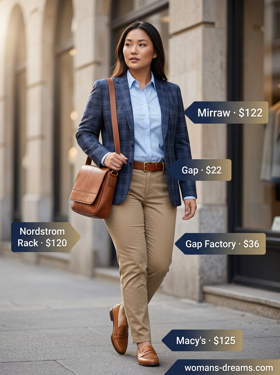 Casual Friday outfit: navy checkered blazer, khaki chinos, white shirt, loafers, and messenger bag.