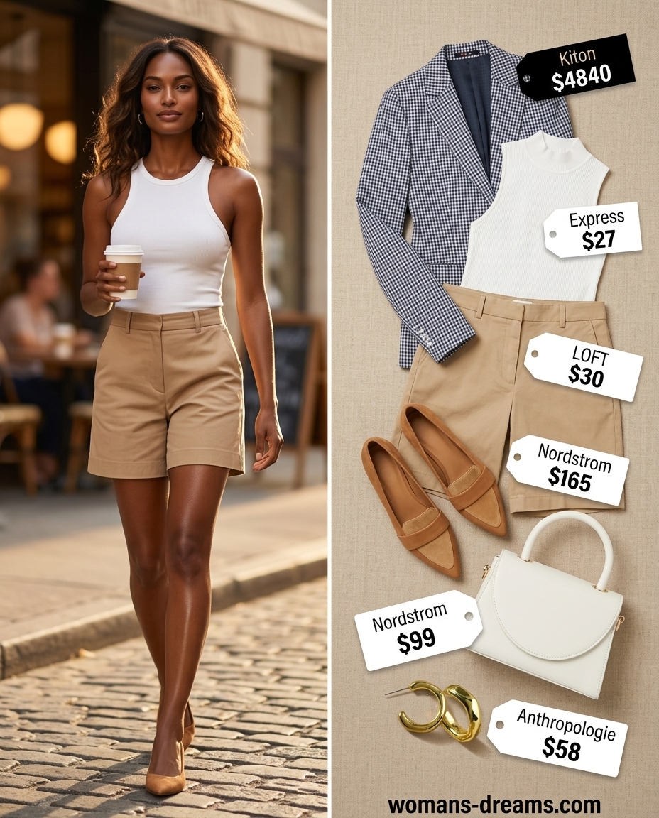 Downtown chic blazer outfit: navy checkered blazer, Bermuda shorts, white bodysuit, loafers, and top-handle bag.