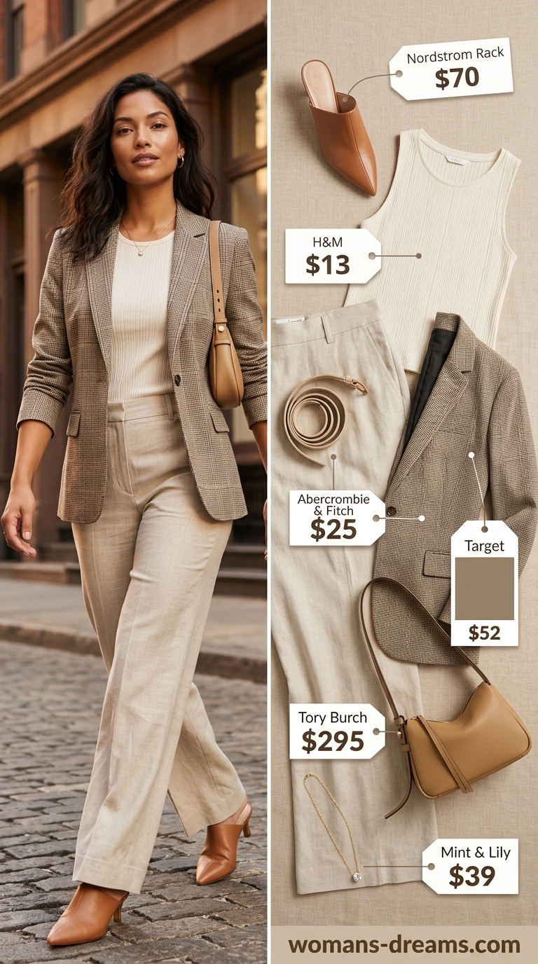 Elevated casual blazer outfit: beige checkered blazer, linen trousers, cream tank, mules, and shoulder bag.