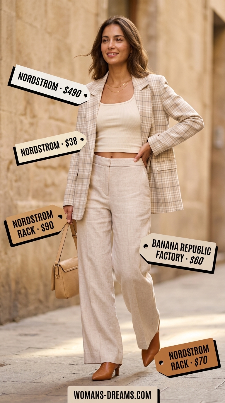 Monochromatic linen look: beige checkered blazer, wide-leg pants, cream tank, and leather mules.
