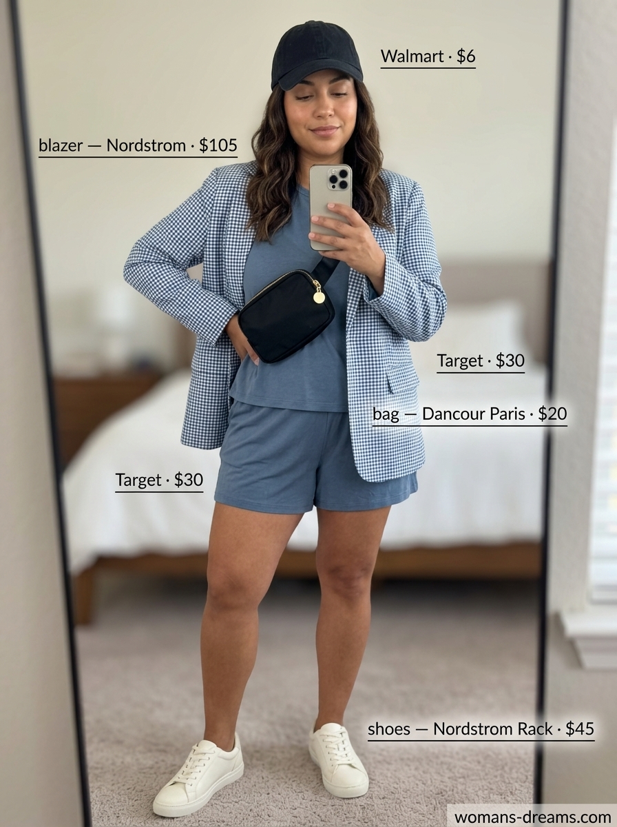 Sporty summer outfit with a light blue checkered blazer, grey shorts set, white sneakers, and black crossbody bag.