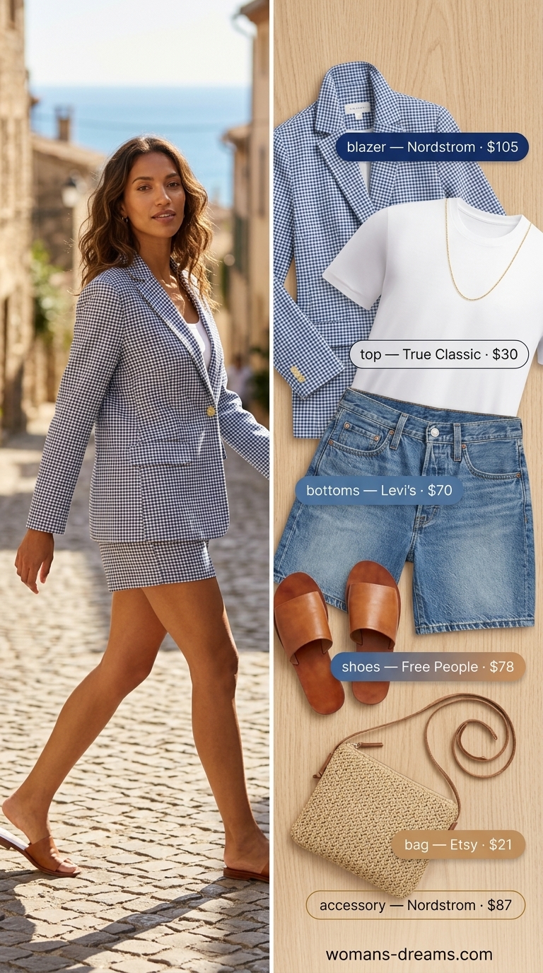 Urban oasis blazer outfit: blue checkered blazer, denim shorts, white tee, slides, and crossbody bag.