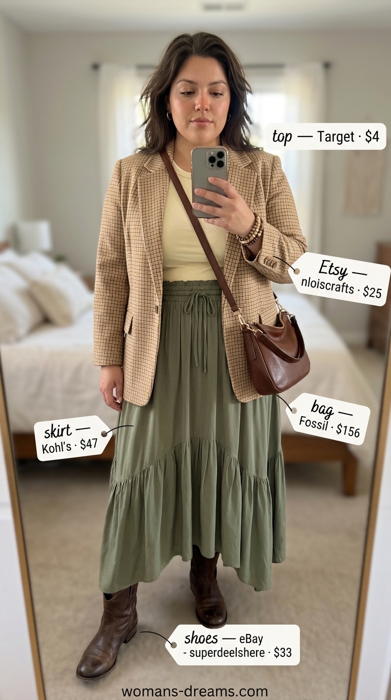 Bohemian summer evening outfit: earth tone checkered blazer, olive maxi skirt, cream tank, leather boots. Relaxed chic style.