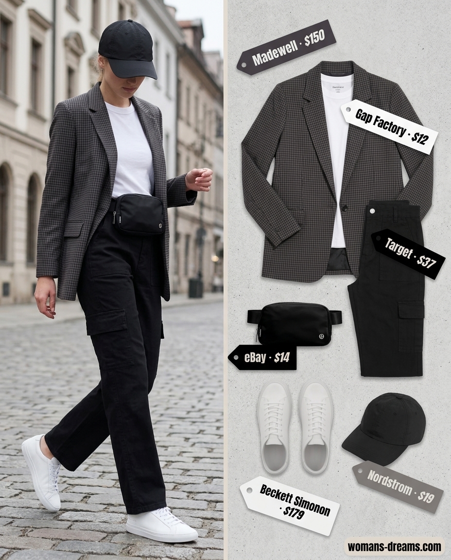 City Explorer outfit: Grey checkered blazer, cargo pants, t-shirt, sneakers, and belt bag for travel.