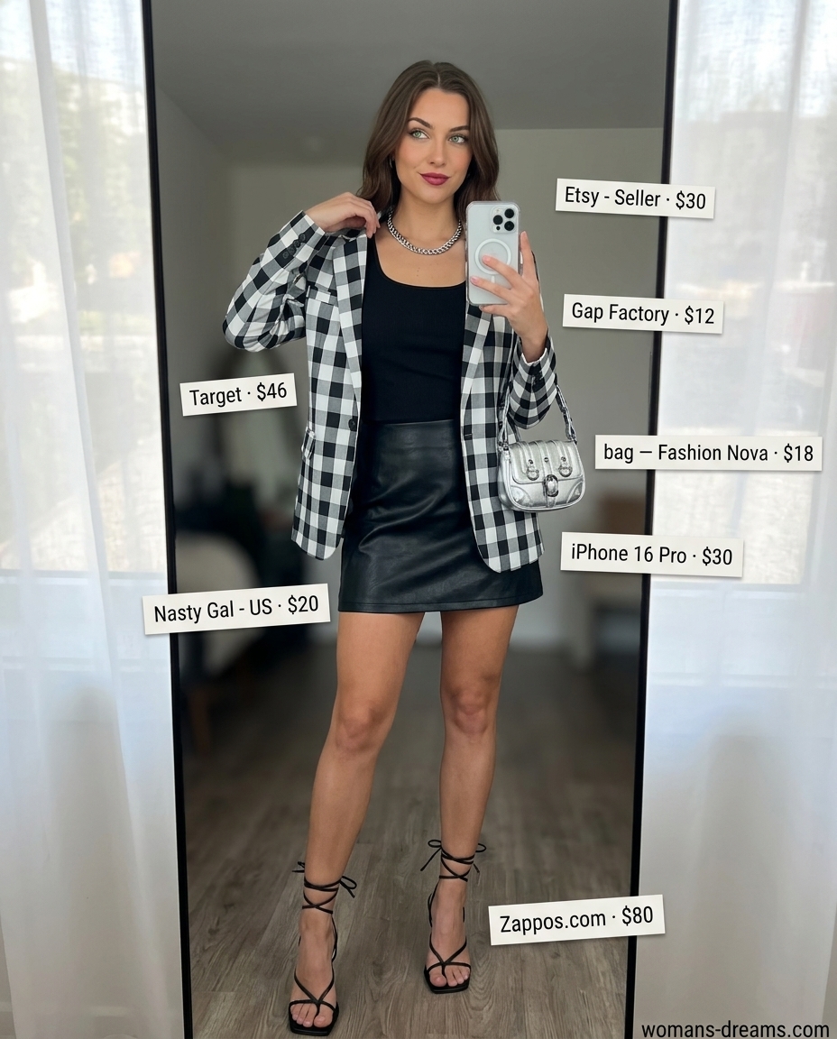 Date night edge outfit: black checkered blazer, faux leather skirt, black tank, silver heels. Edgy and confident summer look.