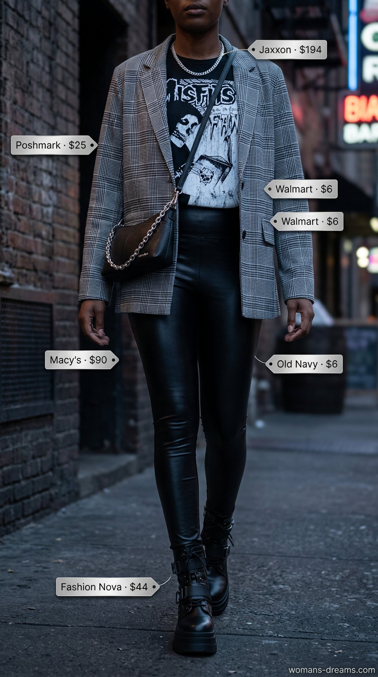 Edgy Summer Night Out: Black & white checkered blazer, faux leather leggings, graphic tee, and combat boots.