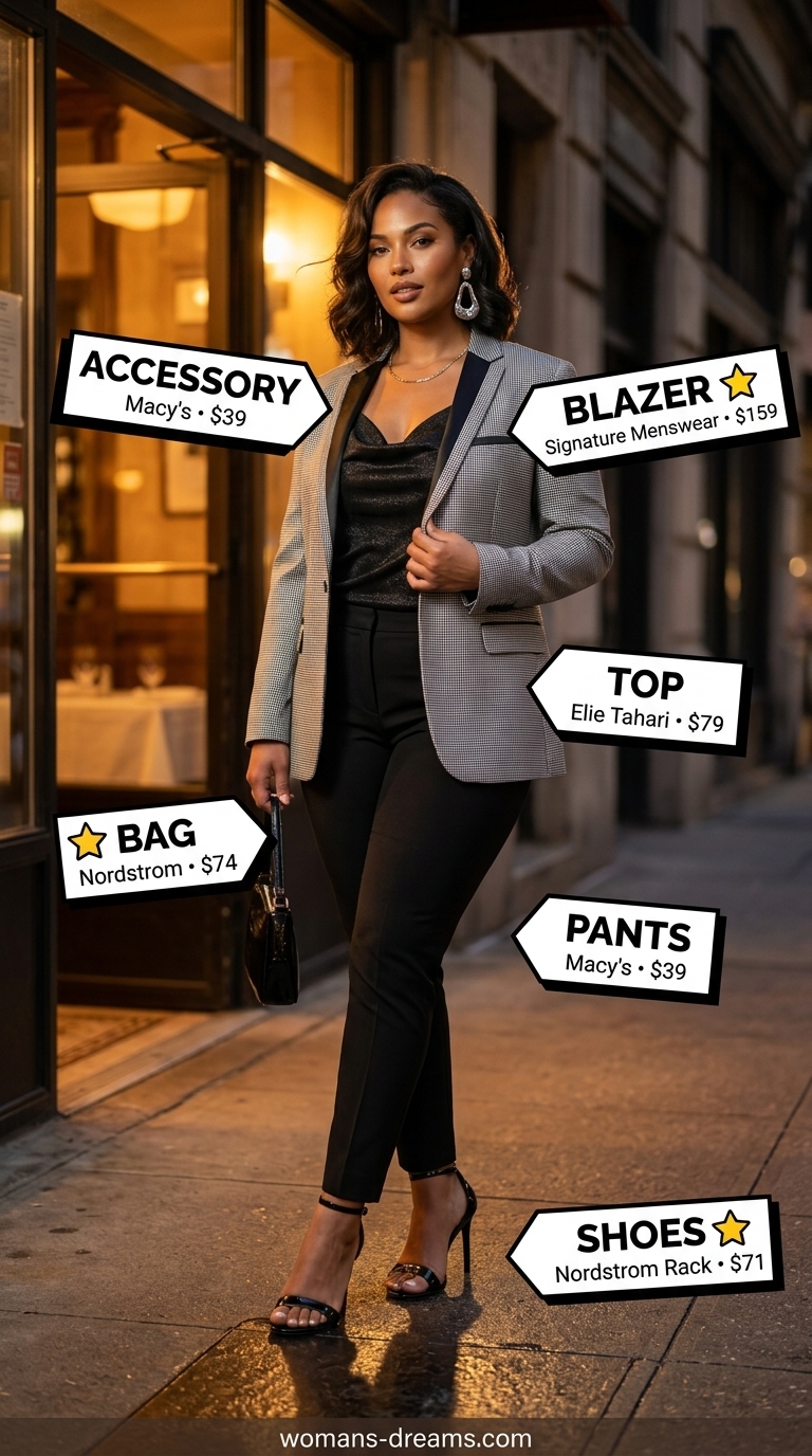 Evening Elegance: Black checkered blazer, metallic camisole, tailored trousers, heeled sandals, and shoulder bag.