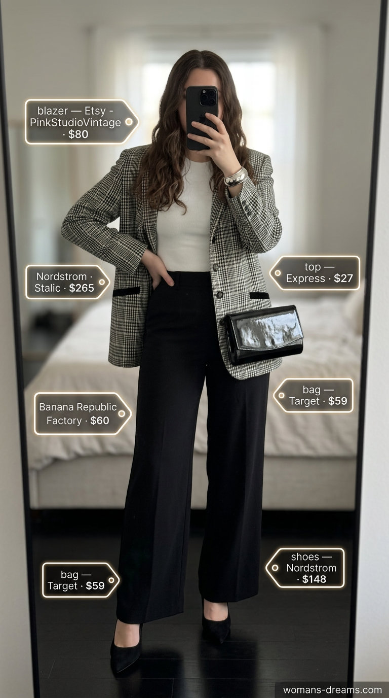 Sophisticated summer evening outfit: black & white checkered blazer, wide-leg trousers, white bodysuit, stiletto heels. Elegant night out.