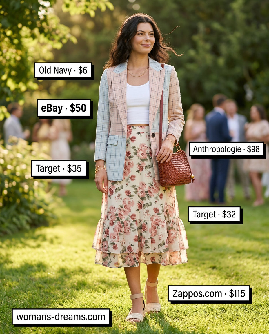 Romantic garden party outfit: pastel checkered blazer, floral midi skirt, white top, espadrille wedges. Feminine summer look.