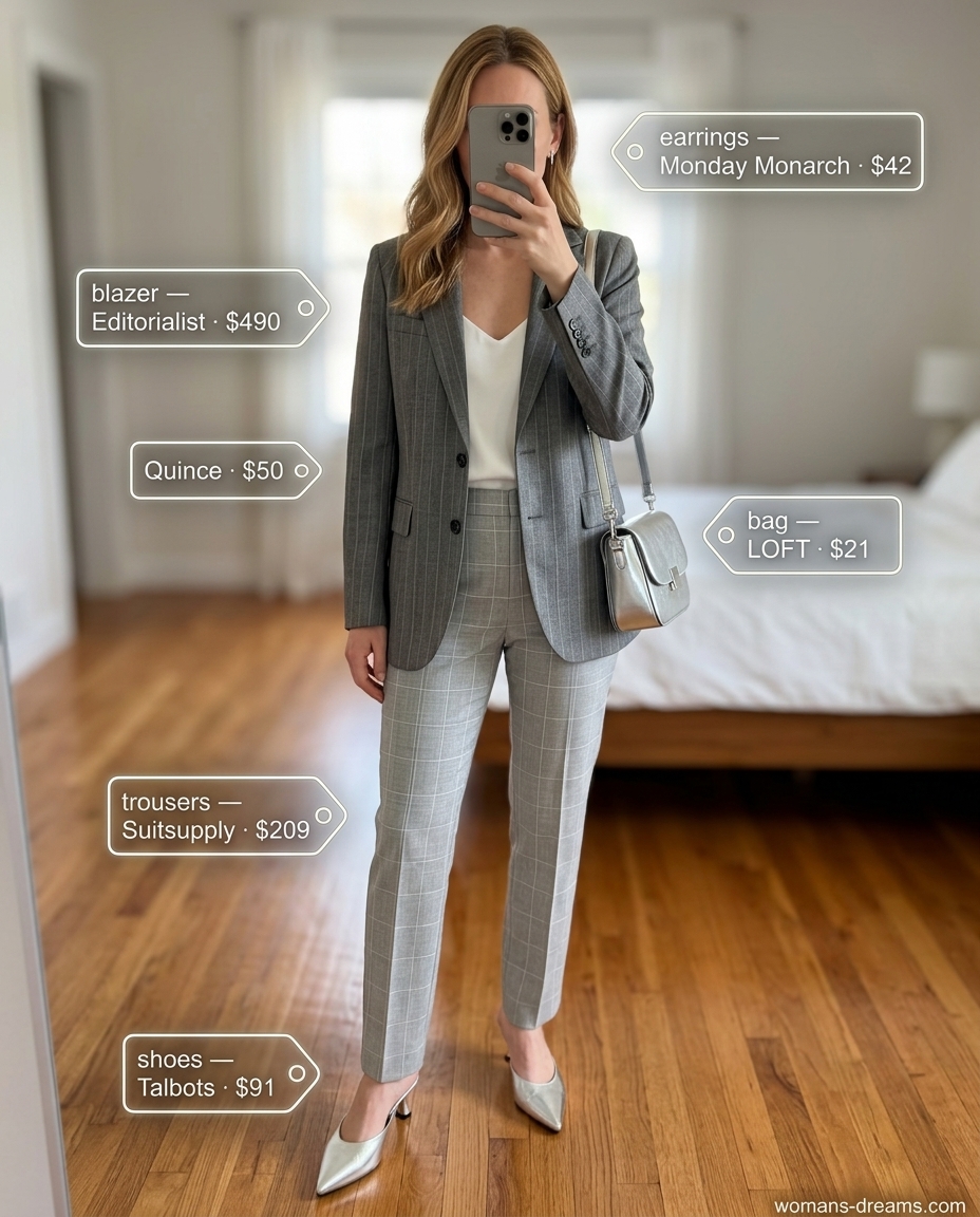 Monochromatic modern muse outfit: grey checkered blazer, grey trousers, white camisole, silver mules. Sophisticated smart casual style.