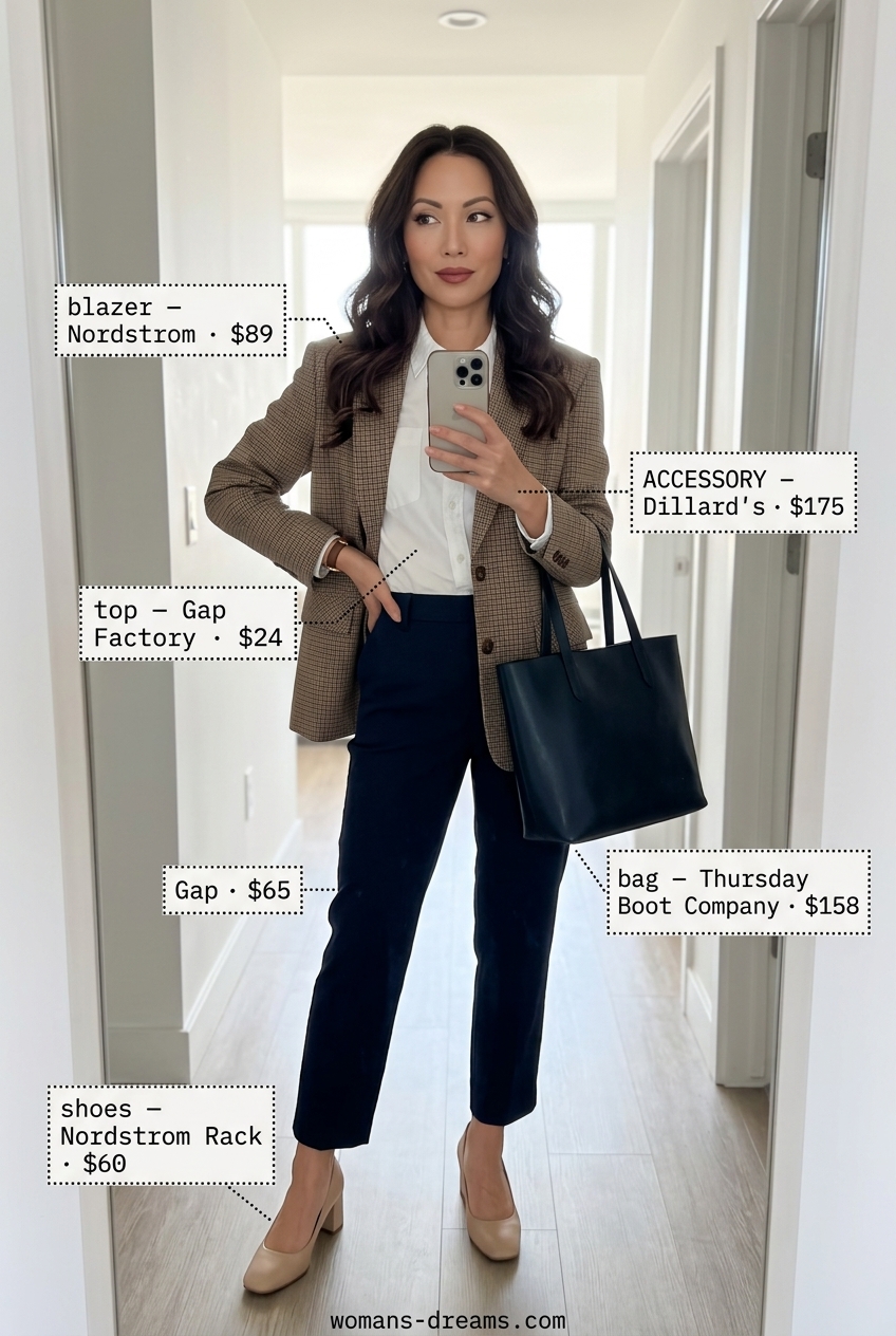Smart casual summer office outfit: tan & white checkered blazer, white shirt, navy capris. Perfect for business casual.