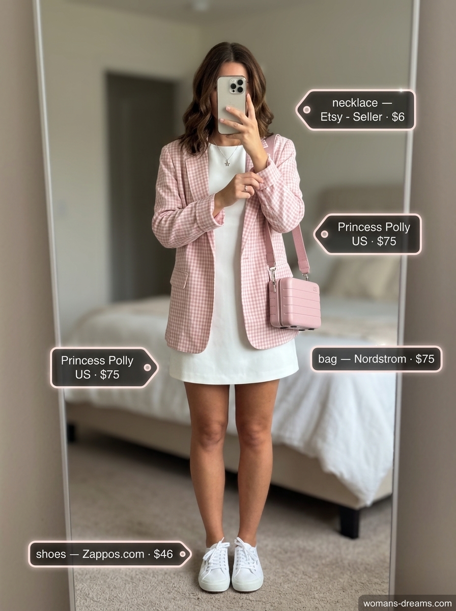 Playful summer day out outfit: pastel checkered blazer, white mini dress, canvas sneakers. Youthful and feminine casual style.