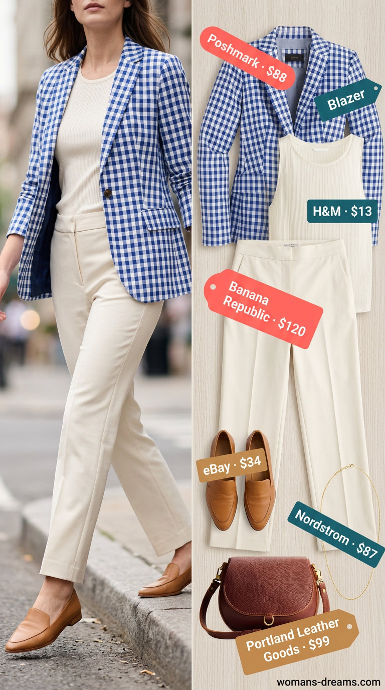 Urban Summer Breeze: Light blue checkered blazer, tailored trousers, knit tank, loafers, and crossbody bag.