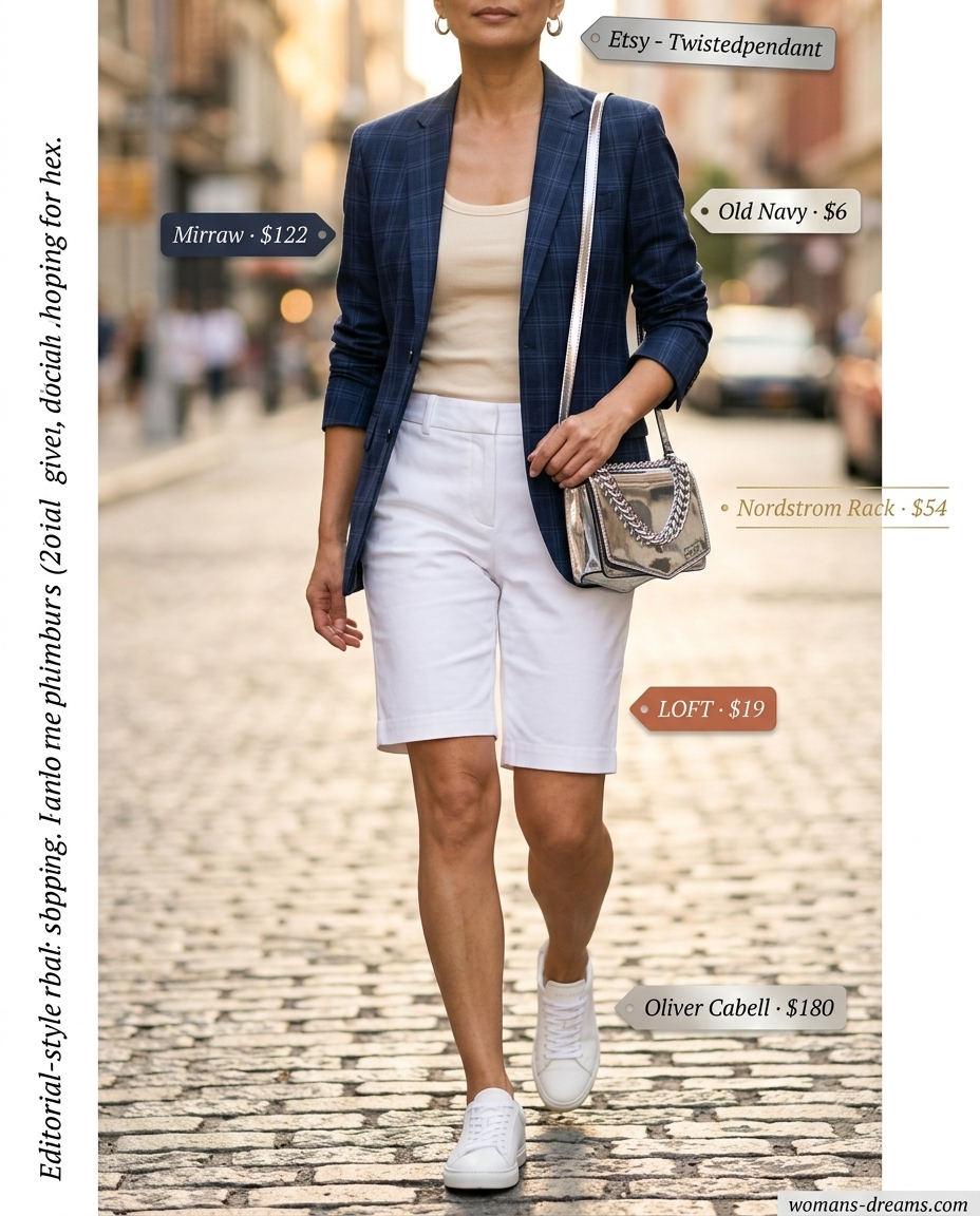 Urban explorer chic outfit: navy checkered blazer, cream tank, white Bermuda shorts, sneakers. Polished city style for women 2026.
