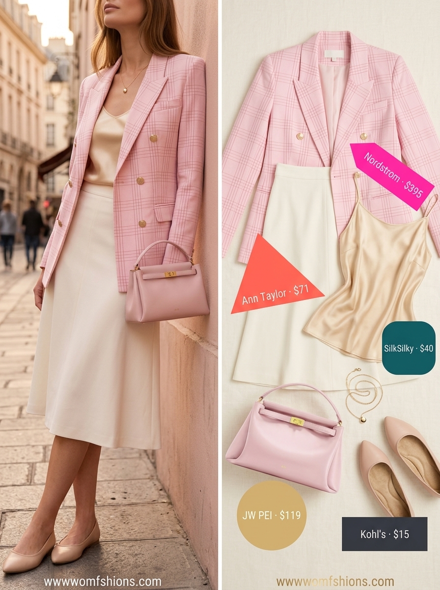Weekend Brunch: Pink checkered blazer, midi skirt, camisole, ballet flats, and top-handle bag.