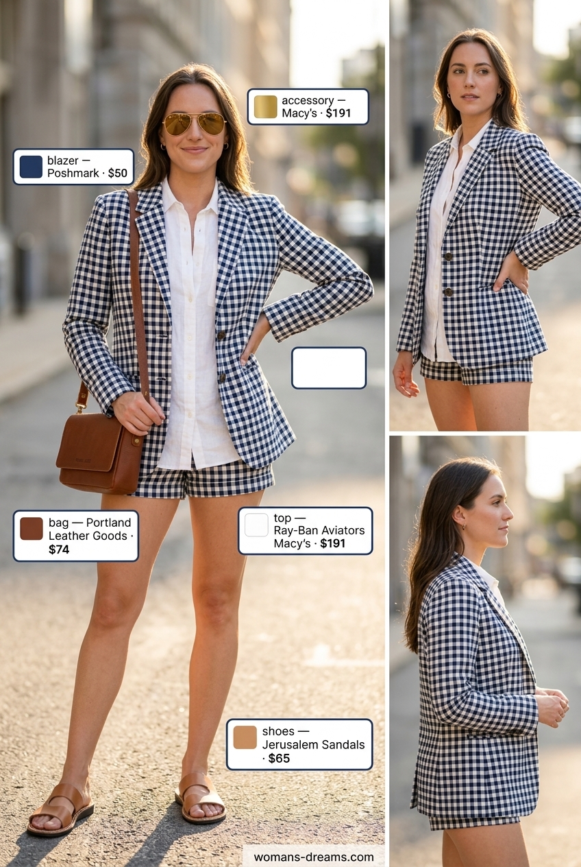 Weekend Explorer: Navy checkered blazer, linen shirt, tailored shorts, walking sandals, and crossbody bag.