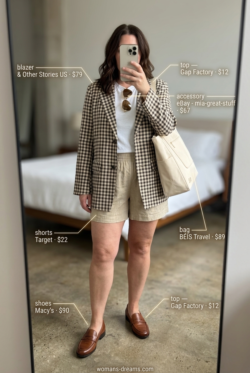 Weekend getaway outfit: brown & cream checkered blazer, beige linen shorts, white tee, loafers. Comfortable and chic travel style.