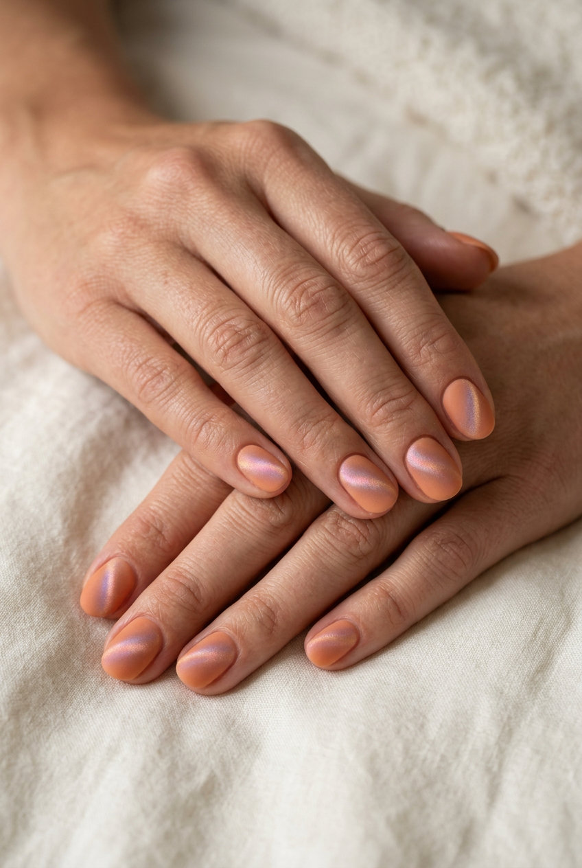 Soft Coral Glazed Donut nails for summer classy nails 2026. Pearlescent iridescent sheen on short oval nails for casual chic.