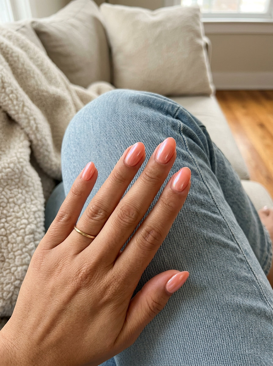 Glazed coral doughnut nails for summer classy nails 2026. Short oval nails in soft coral with iridescent pearlescent sheen.