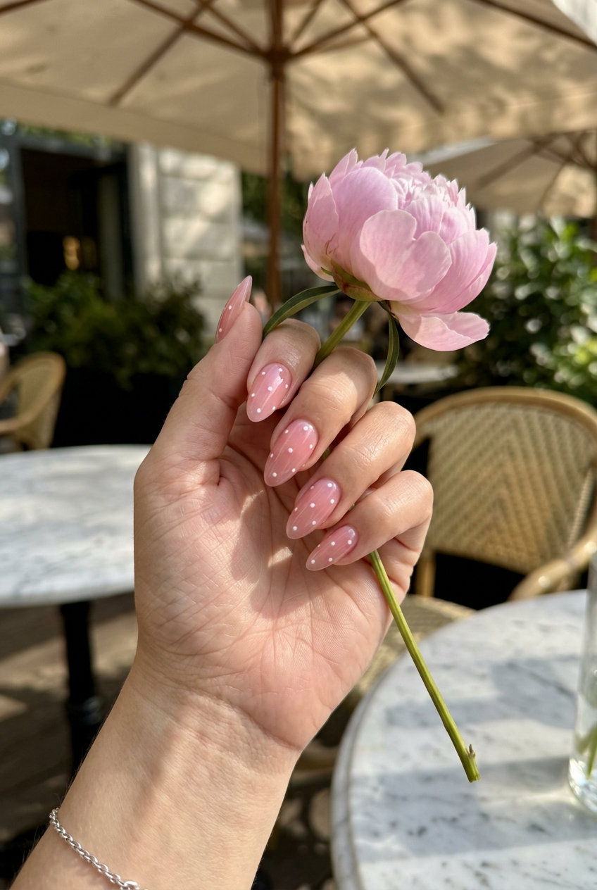 Summer classy nails 2026: Playful sheer pink jelly nails with white polka dots for vacation and casual weekends.