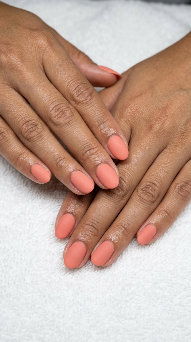 Chic soft coral matte nails for sophisticated summer classy nails 2026 daily wear.