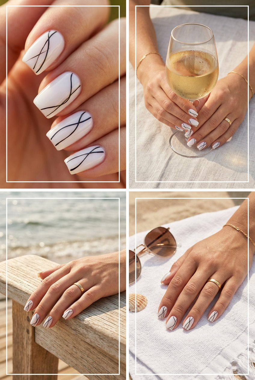 Edgy milky white nails with abstract black lines for a fashion-forward summer classy nails 2026 look.