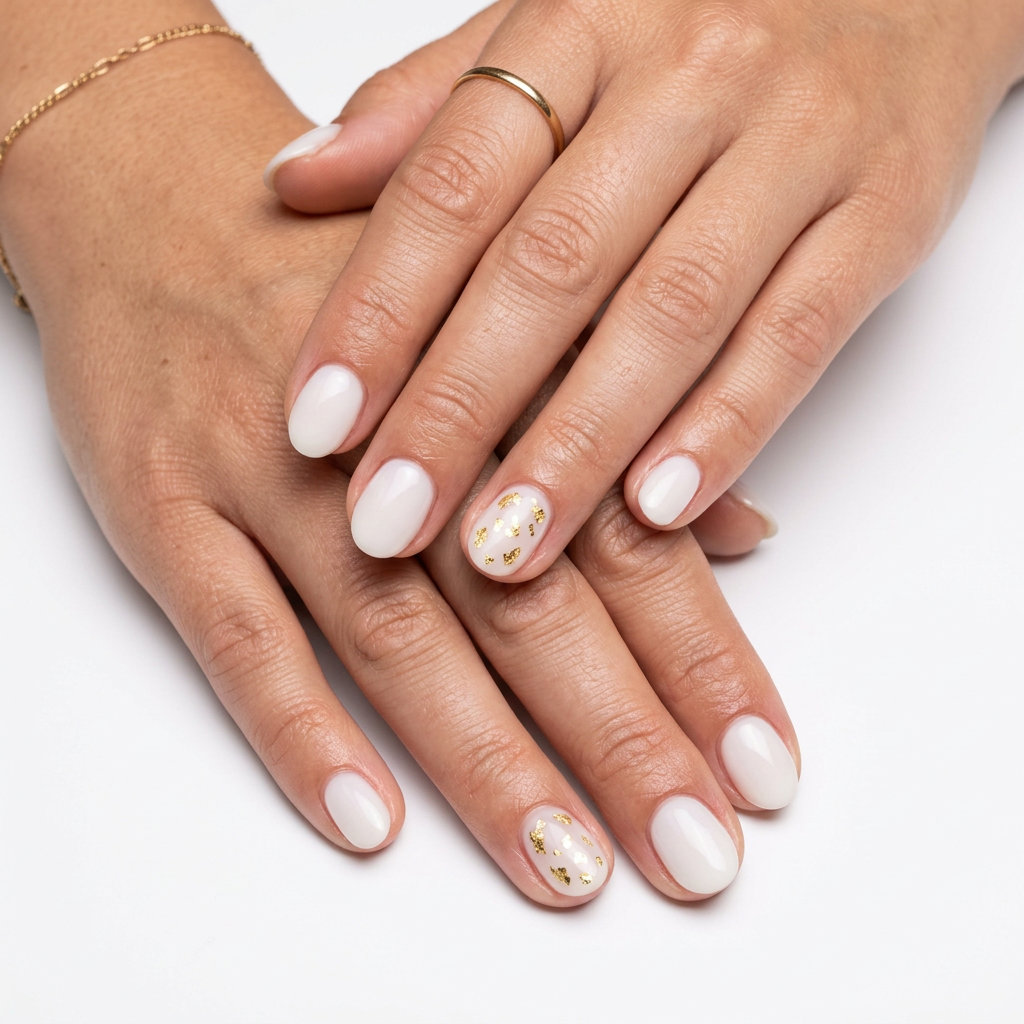 Milky White with Gold Flakes Accent nails for summer classy nails 2026. Clean-girl style on soft square nails for work.