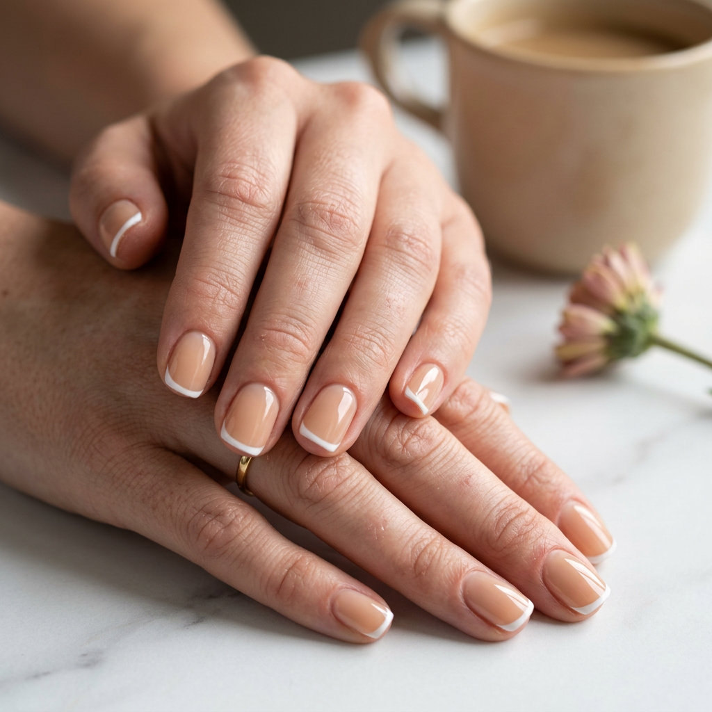 Summer classy nails 2026: Minimalist nude base micro French tip on squoval nails for work and professional meetings.