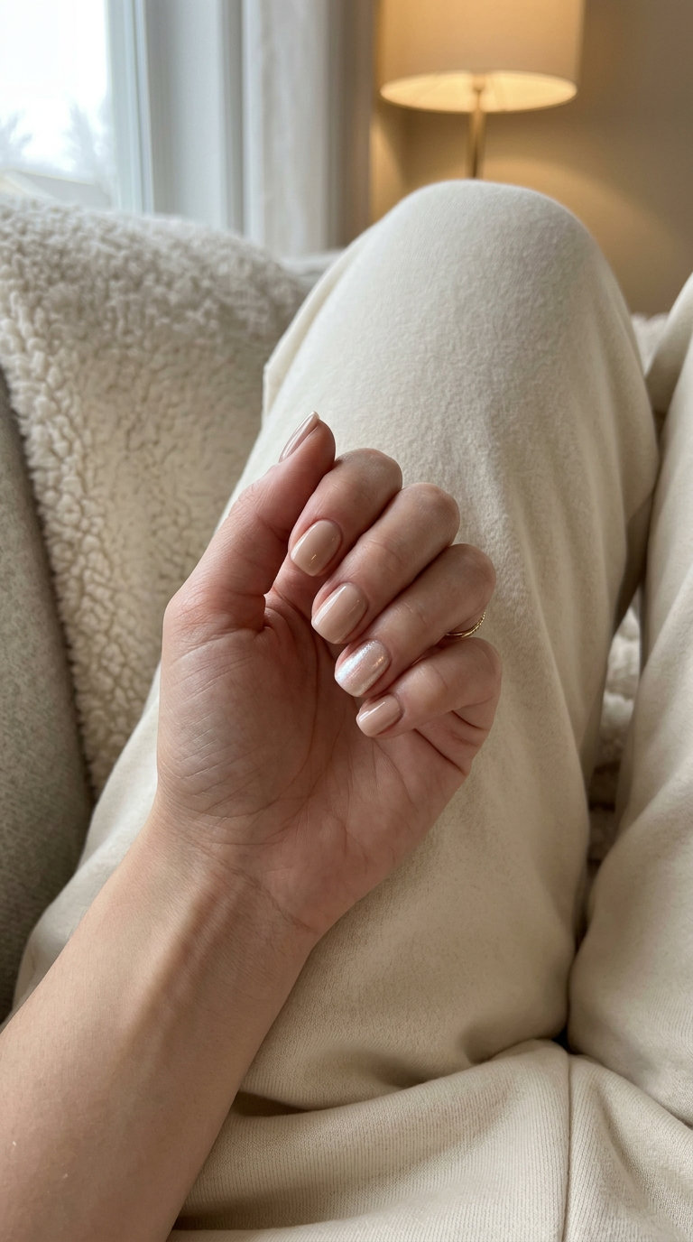 Elegant nude pearlescent accent nails for minimalist summer classy nails 2026 office wear.