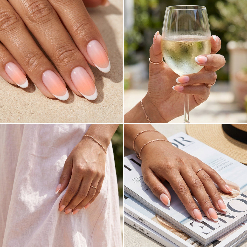 Romantic peach aura French fusion nails for summer classy nails 2026 date night.