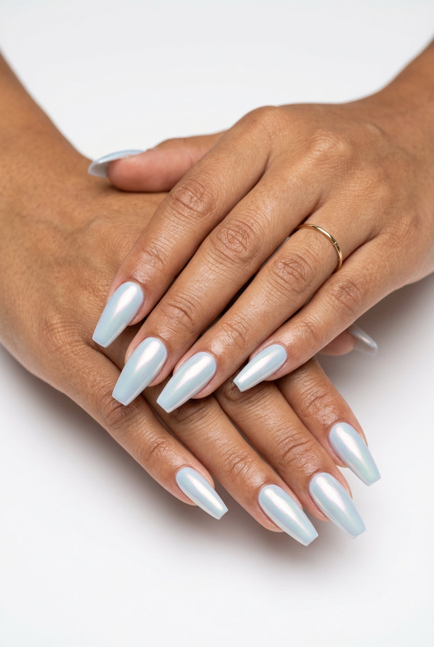 Shimmering blue chrome aura nails for summer classy nails 2026, perfect for parties and festivals.