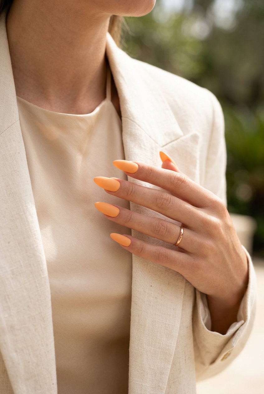 Soft coral matte nails for summer classy nails 2026, ideal for daily wear and casual outings.